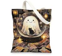 Borse di tela fantasiose, fantasma artistico e gatto modello borse della spesa riutilizzabili, tela ecologica lavabile leggera, nero, 13x15 Inch