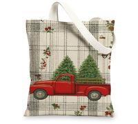 Borse di tela rustiche, borse riutilizzabili di design del camion e dell'annata dell'albero, cinghia leggera lavabile del plaid festivo per, Rosso, 13x15 Inch