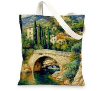 Borse di tela sceniche, borse della spesa riutilizzabili del paesaggio artistico, borse di tela lavabili leggere della natura dell'annata per Tra, Multicolore, 13x15 Inch