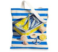 Borse di totalizzatore a righe della tela, borse riutilizzabili della drogheria del modello nautico dei frutti di mare, spalla lavabile leggera di stile casual della spiaggia, Blu, 13x15 Inch