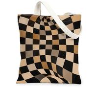 Borse di totalizzatore a scacchi moderne della tela, borse riutilizzabili della drogheria del modello geometrico artistico, Shoulde lavabile leggero versatile, Beige, 13x15 Inch