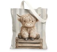 Borse di totalizzatore animali sveglie della tela, borse riutilizzabili della drogheria del modello della mucca dell'altopiano, tracolla lavabile leggera rustica divertente Ba, Beige, 13x15 Inch