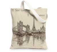 Borse di totalizzatore artistiche della tela, borse della spesa riutilizzabili di schizzo del paesaggio urbano d'annata, borse di spalla ecologiche lavabili leggere, Beige, 13x15 Inch