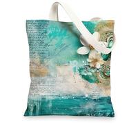 Borse di totalizzatore artistiche della tela, borse della spesa riutilizzabili eleganti della stampa floreale, borse di spalla lavabili leggere eleganti dell'annata, Verde acqua, 13x15 Inch