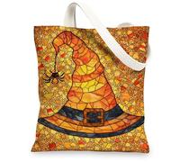 Borse di totalizzatore artistiche della tela, borse riutilizzabili della drogheria del modello del cappello della strega dell'annata, borse lavabili leggere della tela della tracolla, Arancione, 13x15