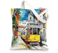 Borse di totalizzatore artistiche della tela del tram dell'annata, borse della spesa riutilizzabili lavabili leggere per lo shopping della spiaggia di viaggio, Giallo, 13x15 Inch
