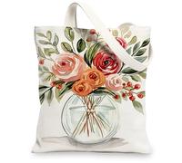 Borse di totalizzatore artistiche floreali della tela, borse della spesa riutilizzabili di progettazione del fiore dell'annata, borsa della spesa leggera lavabile della spalla per il, bianco, 13x15