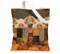 Borse di totalizzatore della tela animale dell'azienda agricola, borse riutilizzabili della drogheria di progettazione del maiale sveglio, borse a tracolla lavabili leggere di, Marrone, 13x15 Inch