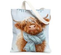 Borse di totalizzatore della tela animale invernale, borse riutilizzabili della drogheria di progettazione della mucca dell'altopiano sveglio, tracolla lavabile leggera d'annata, bianco, 13x15 Inch