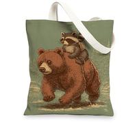 Borse di totalizzatore della tela degli animali, borse della spesa riutilizzabili del modello sveglio dell'orso e del procione, spalla lavabile leggera della natura, Verde, 13x15 Inch