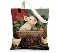 Borse di totalizzatore della tela degli animali dell'azienda agricola, borse riutilizzabili della drogheria di arte del maiale sveglio e della vegetariana, Shoul lavabile leggero ecologico rustico