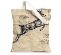 Borse di totalizzatore della tela dei cervi dell'annata, borse della spesa riutilizzabili della stampa animale artistica, totalizzatore lavabile leggero della tracolla per la T, Beige, 13x15 Inch