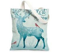 Borse di totalizzatore della tela dei cervi invernali, borse della drogheria riutilizzabili del modello botanico di arte animale, spalla lavabile leggera Str di vacanza, Blu, 13x15 Inch