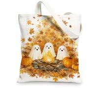 Borse di totalizzatore della tela dei fantasmi, borse della drogheria riutilizzabili del modello della zucca autunnale, tracolla lavabile leggera di Halloween accogliente C, bianco, 13x15 Inch