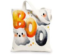 Borse di totalizzatore della tela dei fantasmi giocosi, borse riutilizzabili della drogheria di progettazione di Halloween, tela lavabile leggera Ba della tela della tracolla, bianco, 13x15 Inch