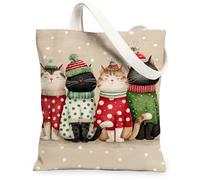 Borse di totalizzatore della tela dei gatti di Natale, borse della spesa riutilizzabili del modello animale adorabile, Shoul lavabile leggero fantasioso di inverno, Beige, 13x15 Inch