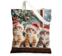 Borse di totalizzatore della tela dei gatti di Natale, borse riutilizzabili della drogheria del modello adorabile dei gattini, spalla lavabile leggera Stra della spalla di vacanza, Rosso, 13x15 Inch