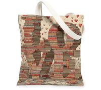 Borse di totalizzatore della tela dei libri di amore di San Valentino, borse riutilizzabili del modello del cuore, st della spalla lavabile leggera artistica dell'annata, Beige, 13x15 Inch