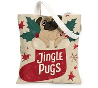 Borse di totalizzatore della tela del cane di Natale, borse della drogheria riutilizzabili di progettazione di vacanza del carlino sveglio Shou leggero di divertimento dell'annata, Beige, 13x15 Inch