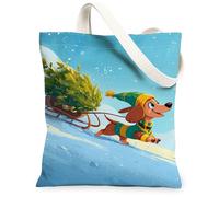 Borse di totalizzatore della tela del cane invernale, borse della spesa riutilizzabili del modello sveglio di slittino del bassotto sveglio, spalla lavabile leggera dell'annata S, Blu, 13x15 Inch