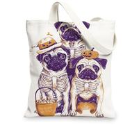 Borse di totalizzatore della tela del carlino di Halloween, borse della drogheria riutilizzabili di progettazione del cane sveglio, borse di tela della tracolla lavabili leggere per, bianco, 13x15