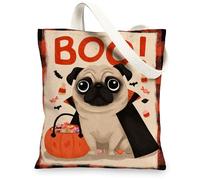 Borse di totalizzatore della tela del carlino di Halloween, borse della spesa riutilizzabili del modello sveglio del cane e della caramella, spalla lavabile leggera giocosa divertente divertente