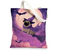 Borse di totalizzatore della tela del carlino di Halloween, borse della spesa riutilizzabili di progettazione della strega del cane sveglio, borse della tela lavabili leggere fantasiose divertenti