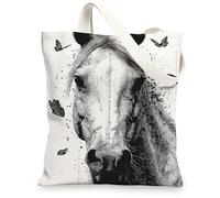 Borse di totalizzatore della tela del cavallo, borse riutilizzabili artistiche della drogheria della stampa del cavallo e della farfalla, Shoulde lavabile leggero ecologico, Beige, 13x15 Inch