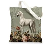 Borse di totalizzatore della tela del cavallo dell'annata, borse della spesa riutilizzabili di progettazione floreale elegante, totalizzatore lavabile leggero della tracolla, bianco, 13x15 Inch