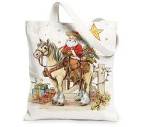 Borse di totalizzatore della tela del cavallo di Natale, borse riutilizzabili della drogheria di progettazione di Babbo Natale, tela lavabile leggera della tela Fo della tracolla, bianco, 13x15 Inch