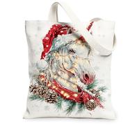 Borse di totalizzatore della tela del cavallo magico di Natale, borse della drogheria riutilizzabili del modello animale di vacanza, lavabile leggero rustico di inverno, Bianco, 13x15 Inch