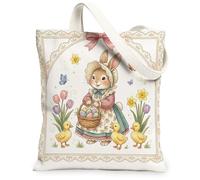 Borse di totalizzatore della tela del coniglietto di Pasqua, borse della spesa riutilizzabili di progettazione floreale, tracolla lavabile leggera d'annata della primavera Canv, bianco, 13x15 Inch