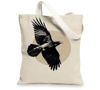 Borse di totalizzatore della tela del corvo, borse della spesa riutilizzabili di progettazione artistica dell'uccello, spalla lavabile leggera bianca nera minimalista, Beige, 13x15 Inch