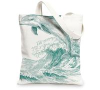 Borse di totalizzatore della tela del delfino, borse della spesa riutilizzabili ecologiche del modello delle onde dell'oceano, Shoul lavabile leggero chic nautico, bianco, 13x15 Inch