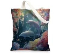 Borse di totalizzatore della tela del delfino, borse della spesa riutilizzabili variopinte di progettazione dell'oceano, tela leggera lavabile di vita marina artistica, Colorato, 13x15 Inch