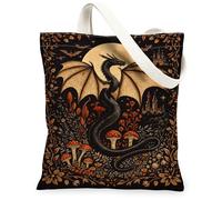 Borse di totalizzatore della tela del drago gotico, borse della spesa riutilizzabili di disegno floreale dell'annata di fantasia floreale, spalla lavabile leggera di autunno, Nero, 13x15 Inch