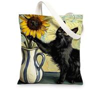 Borse di totalizzatore della tela del gatto, borse della drogheria riutilizzabili di disegno del girasole felino, elegante dell'annata leggera della cinghia della spalla lavabile Ba, nero, 13x15 Inch