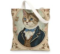 Borse di totalizzatore della tela del gatto, borse della spesa riutilizzabili del modello del ritratto felino dell'annata, spalla lavabile leggera classica, Beige, 13x15 Inch