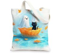 Borse di totalizzatore della tela del gatto fantasma, borse della spesa riutilizzabili del modello animale sveglio, borse della tela lavabili leggere leggere divertenti della tela della tracolla