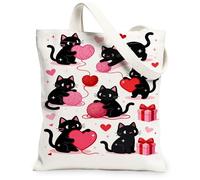 Borse di totalizzatore della tela del gatto sveglio, borse della drogheria riutilizzabili del modello adorabile del filato dei gattini, spalla lavabile leggera di San Valentino Str, bianco, 13x15 Inch