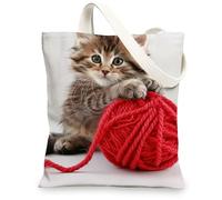 Borse di totalizzatore della tela del gatto sveglio, borse della spesa riutilizzabili di progettazione animale adorabile, tracolla lavabile leggera di fantasia accogliente, Rosso, 13x15 Inch