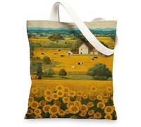 Borse di totalizzatore della tela del girasole, borse della spesa riutilizzabili del paesaggio dell'azienda agricola, borse di tela della spalla lavabili dell'annata rustica per Tr, Giallo, 13x15 Inch