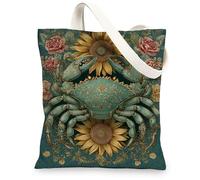 Borse di totalizzatore della tela del granchio, borse riutilizzabili della drogheria del modello floreale delle creature dell'oceano, Ba della tracolla lavabile leggera d'annata, Verde acqua, 13x15