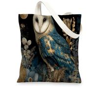 Borse di totalizzatore della tela del gufo, borse della spesa riutilizzabili del modello floreale del gufo artistico, tela lavabile leggera di progettazione elegante della, Blu, 13x15 Inch