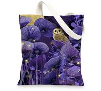 Borse di totalizzatore della tela del gufo, borse della spesa riutilizzabili di progettazione artistica del fungo, tracolla lavabile leggera C della natura dell'annata, Viola, 13x15 Inch