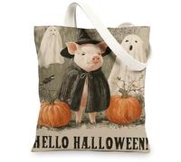 Borse di totalizzatore della tela del maiale di Halloween, borse della spesa riutilizzabili di progettazione della zucca di fantasma sveglio, Ca lavabile leggera dell'ann, Beige, 13x15 Inch