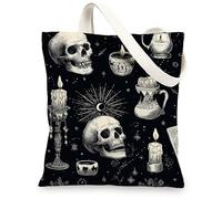 Borse di totalizzatore della tela del modello del cranio, borse della spesa riutilizzabili di progettazione gotica, borse di tela lavabili leggere della tela della tracolla per, nero, 13x15 Inch
