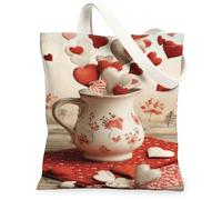 Borse di totalizzatore della tela del modello del cuore, borse della spesa riutilizzabili di progettazione floreale romantica, spalla lavabile leggera rustica, Rosso, 13x15 Inch