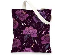 Borse di totalizzatore della tela del modello della rosa, borse riutilizzabili della drogheria di progettazione floreale elegante, borse lavabili leggere della tela della tracolla, Viola, 13x15 Inch