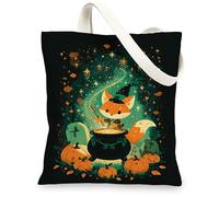 Borse di totalizzatore della tela del modello della volpe, borse lavabili leggere della drogheria di progettazione animale sveglia, Shoppin ecologico di stile di divertimento fantasioso, nero, 13x15